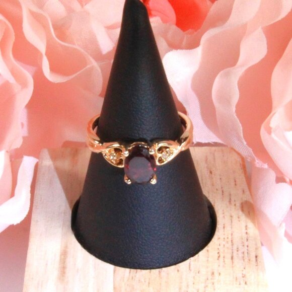 Jewelry - Vintage Gold Tone Ring with a Faux Garnet and Clear Rhinestones
